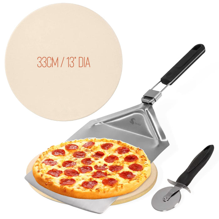 33cm Round Cordierite Pizza Stone with Pizza Peel and Pizza Cutter