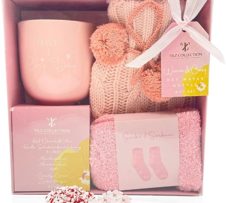 Hot Chocolate Gift Set with Mug, Socks, and Mini Winter Hot Water Bottle with Cosy Cover