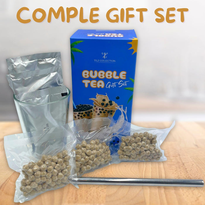 Bubble Tea Kit Gift Set - Boba Tea Kit with 3 Servings of Instant Tapioca Pearls and Milk Tea Powder Mix, Glass Pint & Stainless Steel Straw