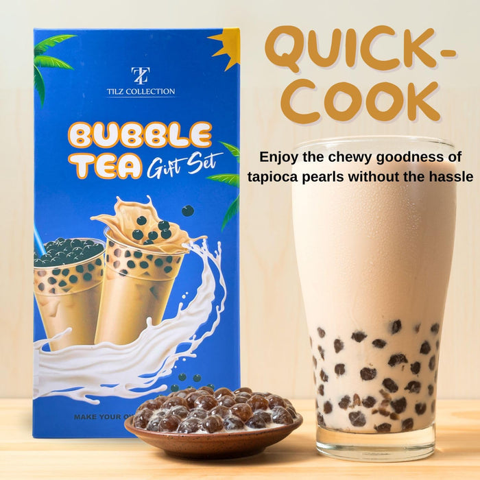 Bubble Tea Kit Gift Set - Boba Tea Kit with 3 Servings of Instant Tapioca Pearls and Milk Tea Powder Mix, Glass Pint & Stainless Steel Straw