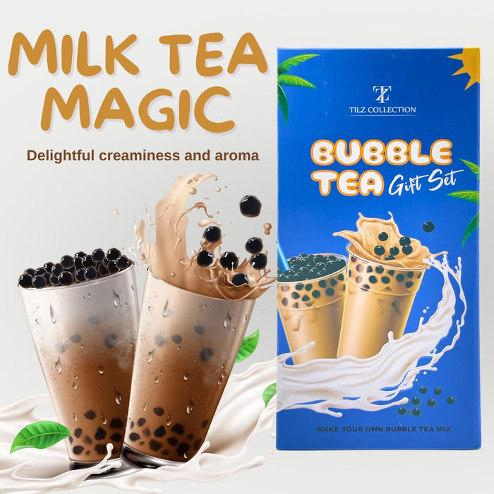 Bubble Tea Kit Gift Set - Boba Tea Kit with 3 Servings of Instant Tapioca Pearls and Milk Tea Powder Mix, Glass Pint & Stainless Steel Straw