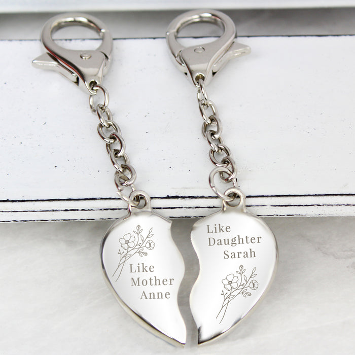 Personalised Floral Mother Daughter Two Heart Keyring