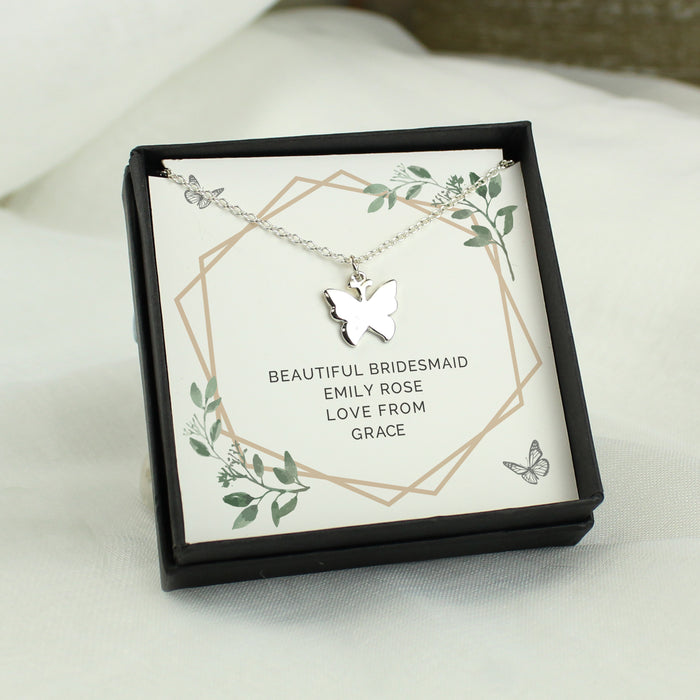 Personalised Botanical Sentiment Butterfly Necklace and Box