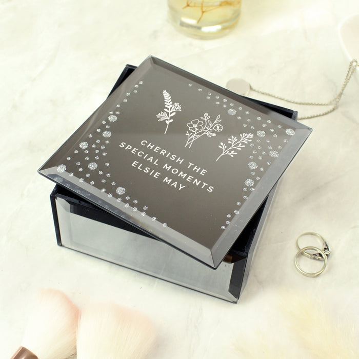 Personalised Floral Diamante Mirrored Trinket Box