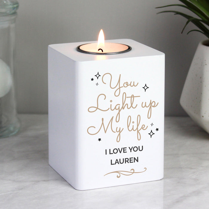 Personalised Light Up My Life White Wooden Tea Light Holder