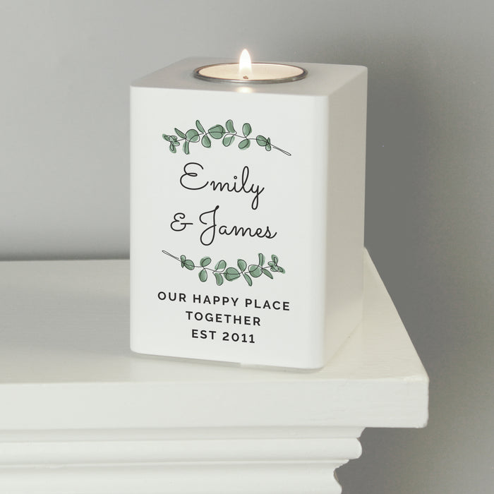 Personalised Botanical White Wooden Tea Light Holder