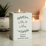 Personalised Botanical White Wooden Tea Light Holder