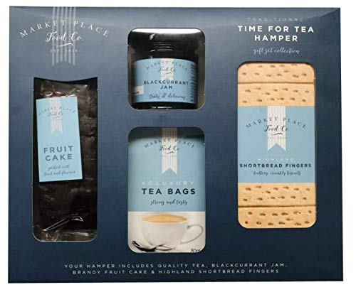 Traditional Time for Tea Hamper by Market Place Food Co Gift Set of Highland shortbread Fingers, Brandy Fruit Cake, Quality Tea and Jam