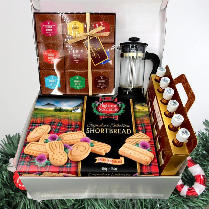 Coffee Gift Set Hamper - 9 Pack Ground Coffee, 6 Coffee Syrups, French Press Coffee Maker and Shortbread