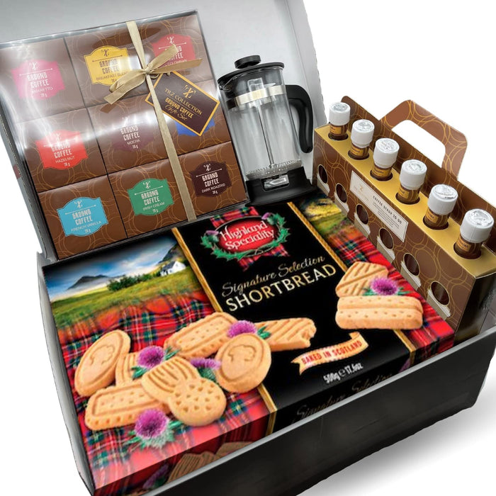 Coffee Gift Set Hamper - 9 Pack Ground Coffee, 6 Coffee Syrups, French Press Coffee Maker and Shortbread