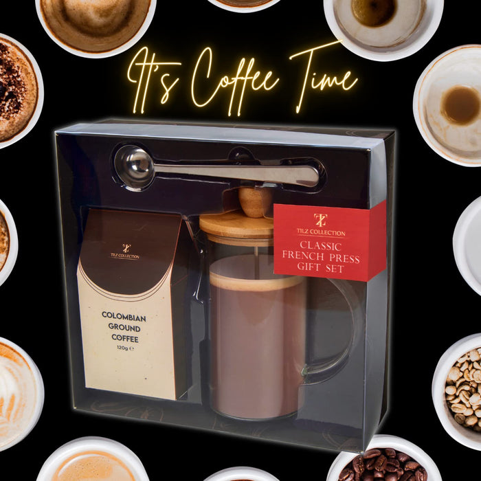 Tilz Collection Coffee Cafetiere French Press Coffee Maker for Ground Coffee with 9 Flavoured Ground Coffee and Measuring Spoons Coffee Gift