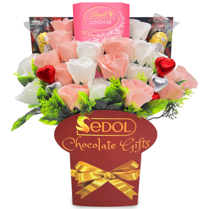 Lindt Lindor Chocolate Bouquet with White & Pink Roses