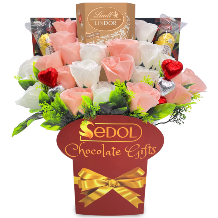 Lindt Lindor Chocolate Bouquet with White & Pink Roses