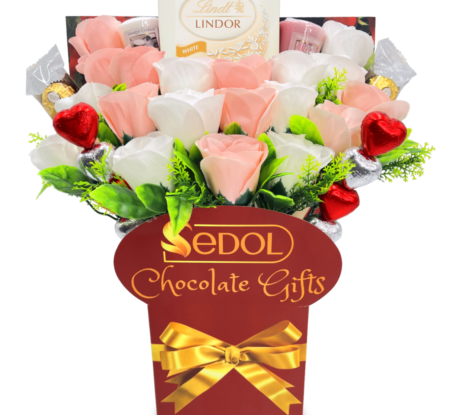 Yankee Candle and Chocolate Bouquet with White & Pink Roses