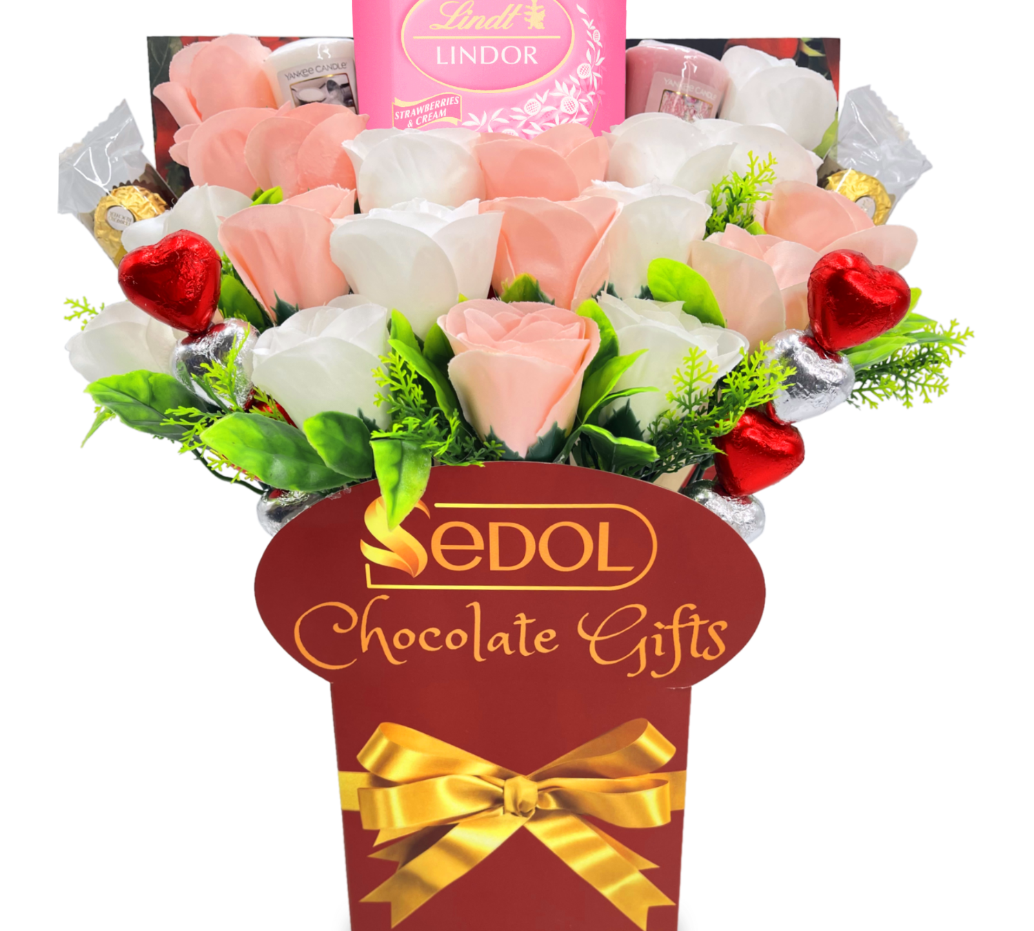 Yankee Candle and Chocolate Bouquet with White & Pink Roses