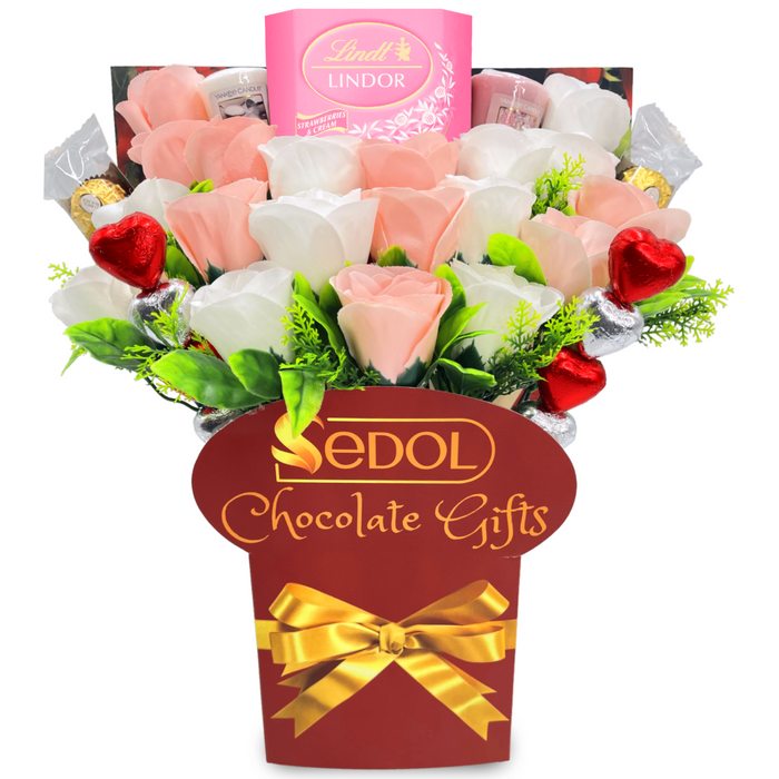 Yankee Candle and Chocolate Bouquet with White & Pink Roses