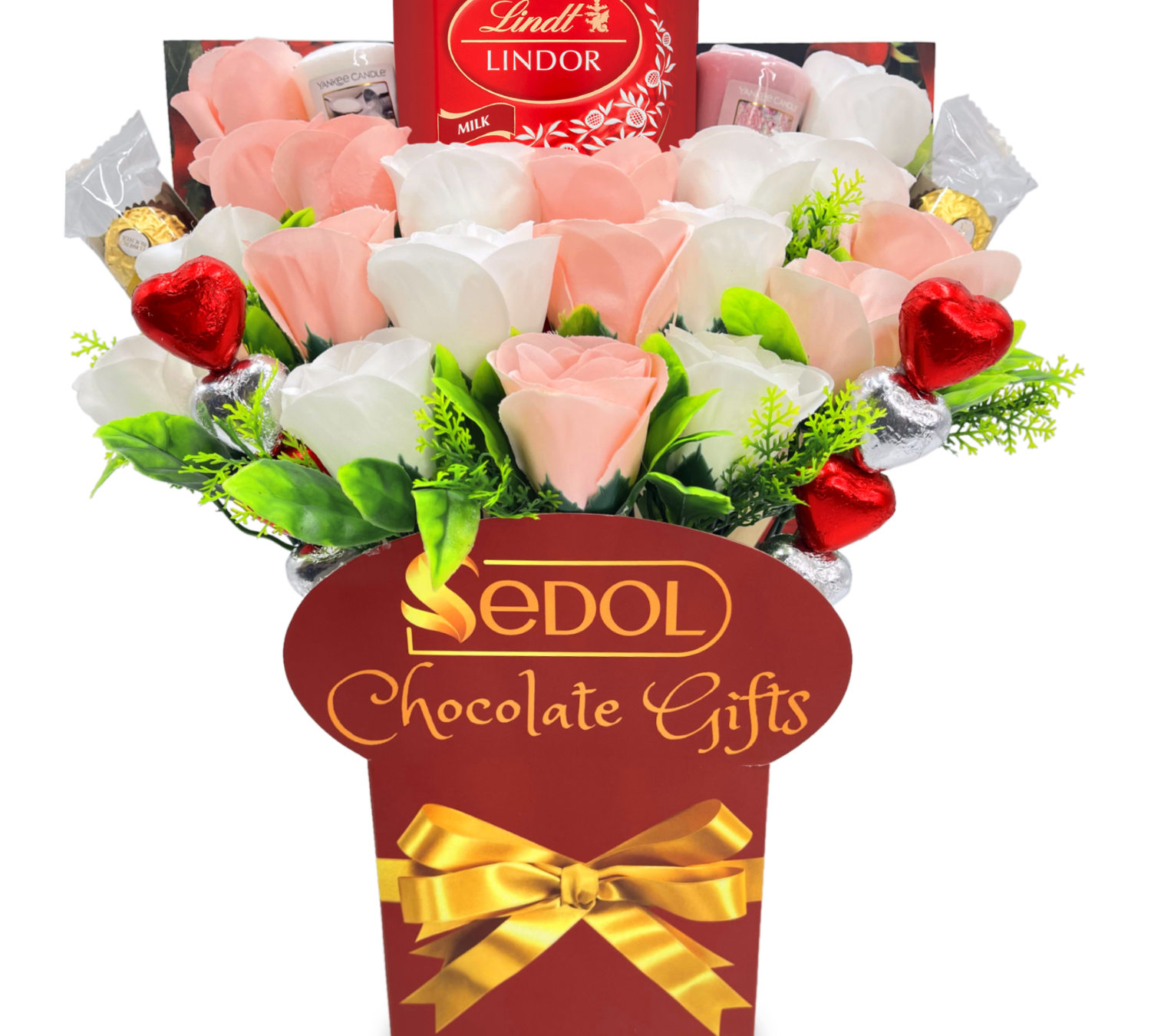 Yankee Candle and Chocolate Bouquet with White & Pink Roses