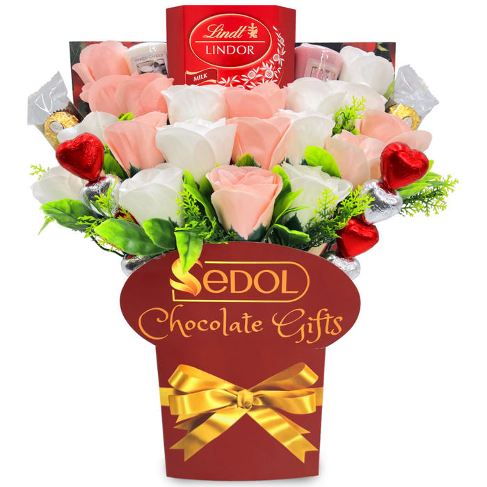 Yankee Candle and Chocolate Bouquet with White & Pink Roses