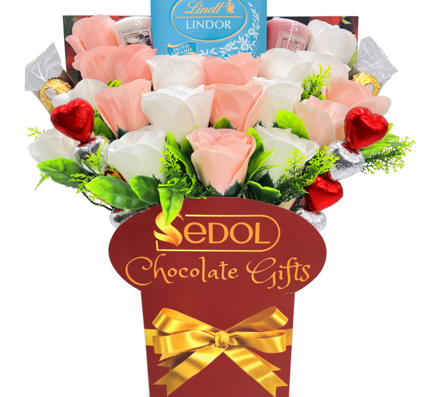 Yankee Candle and Chocolate Bouquet with White & Pink Roses